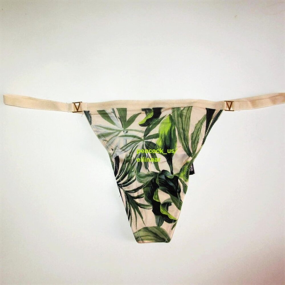 Victoria Secret Very Sexy Satin V-String Panty S M L Palm Leaf Champagne Smooth